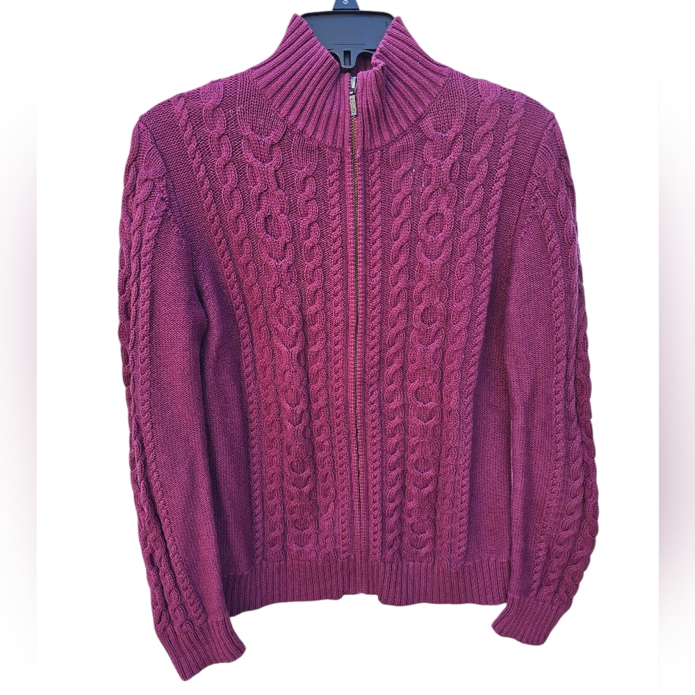 LL Bean Women's 100% Cotton Cable Knit Cardigan Fisherman Full Zip MocNeck Small